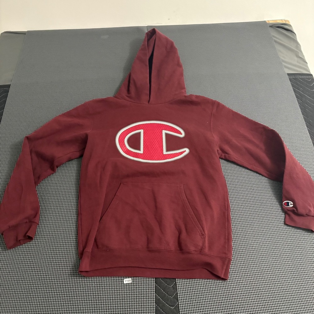 Champion Eco Authentic Youth Large Maroon Hoodie Big Logo Pullover Burgundy YL‎